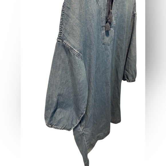 LOFT Lounge Tie Neck Tassel Denim Tunic Dress Pockets Size Medium 3/4 Sleeves - Picture 4 of 7
